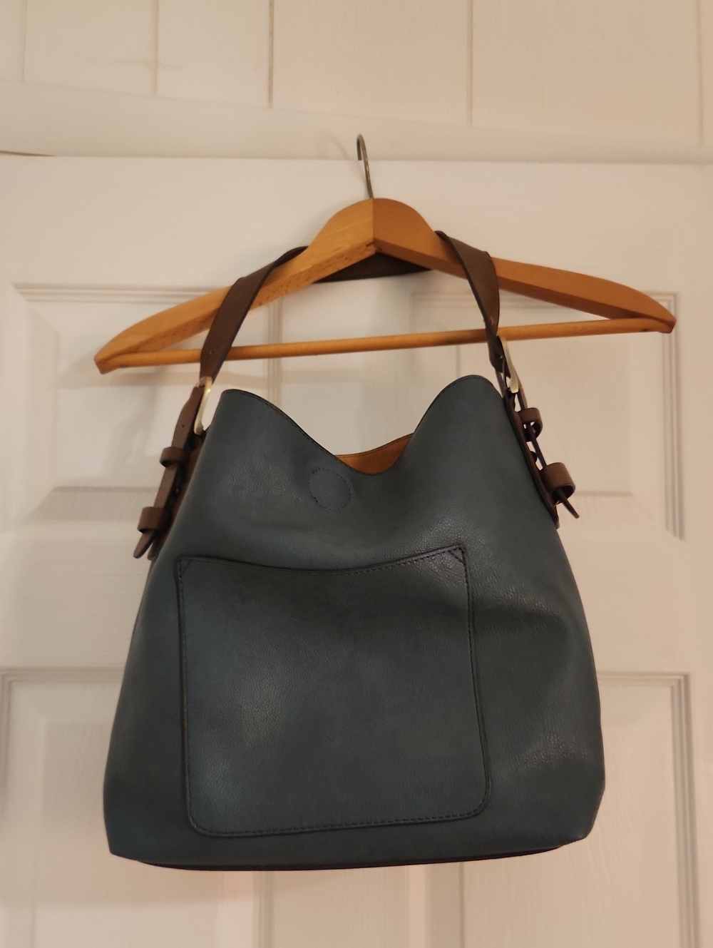 Leather Shoulder Hobo Bag in Teal with Brown Strap